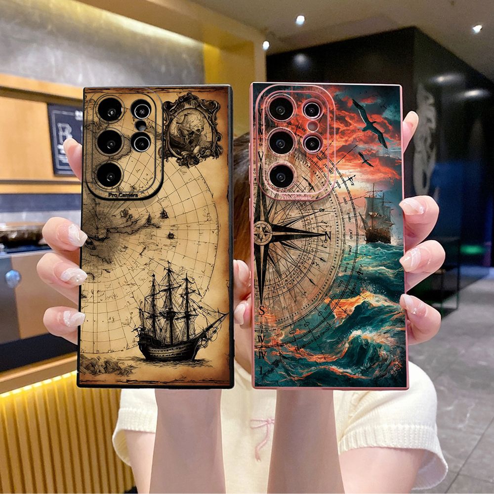 For Samsung Galaxy S24 S23 Ultra S22 Plus Note 20 S21 FE S20 Sailboat Map Full Protective Case Anti Drop Cover