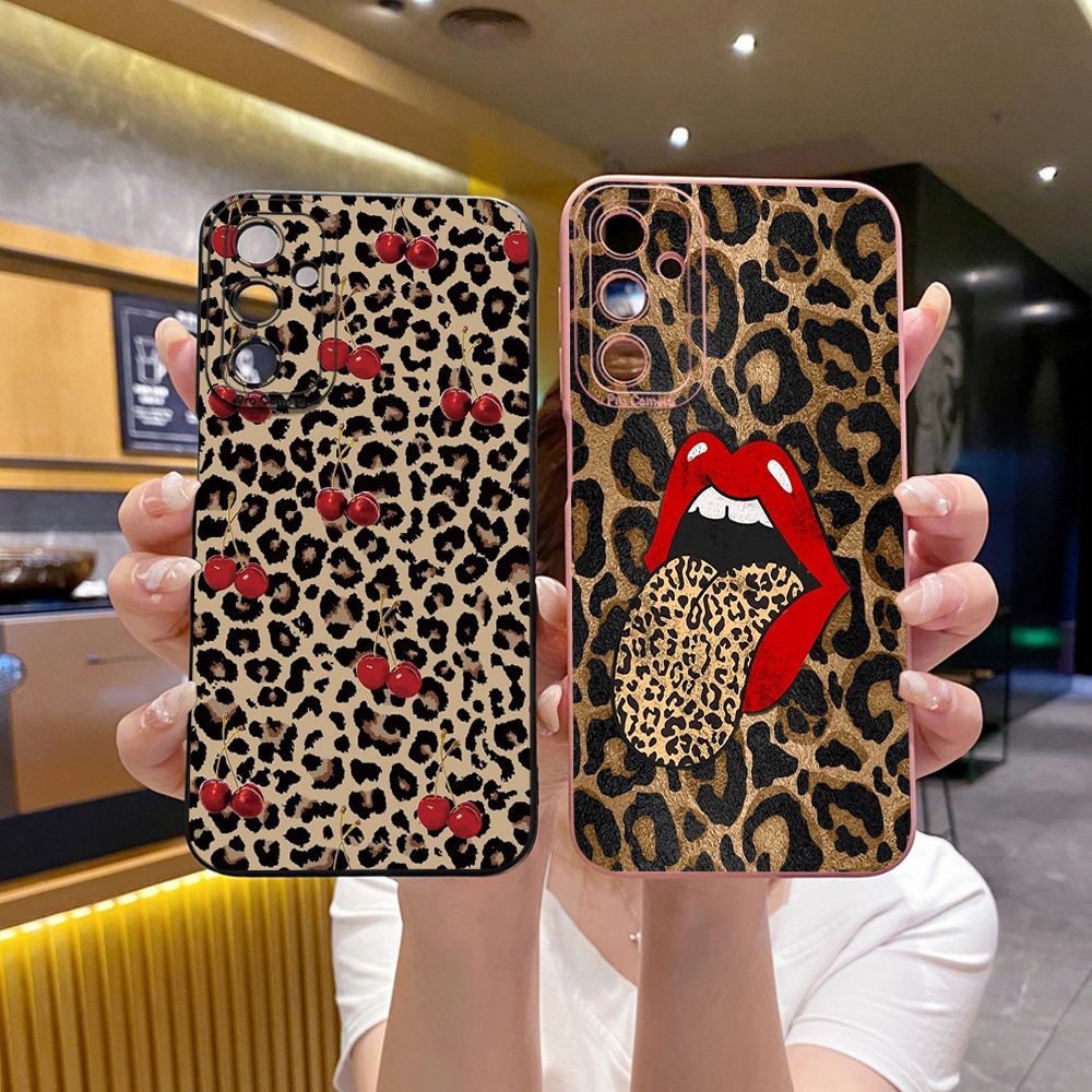For Samsung Galaxy A16 A06 A15 A05 A25 A35 A55 A14 A24 A34 A54 A33 A53 A73 A32 A52S A72 Leopard Lip Cherry Full Protective Case Anti Drop Cover