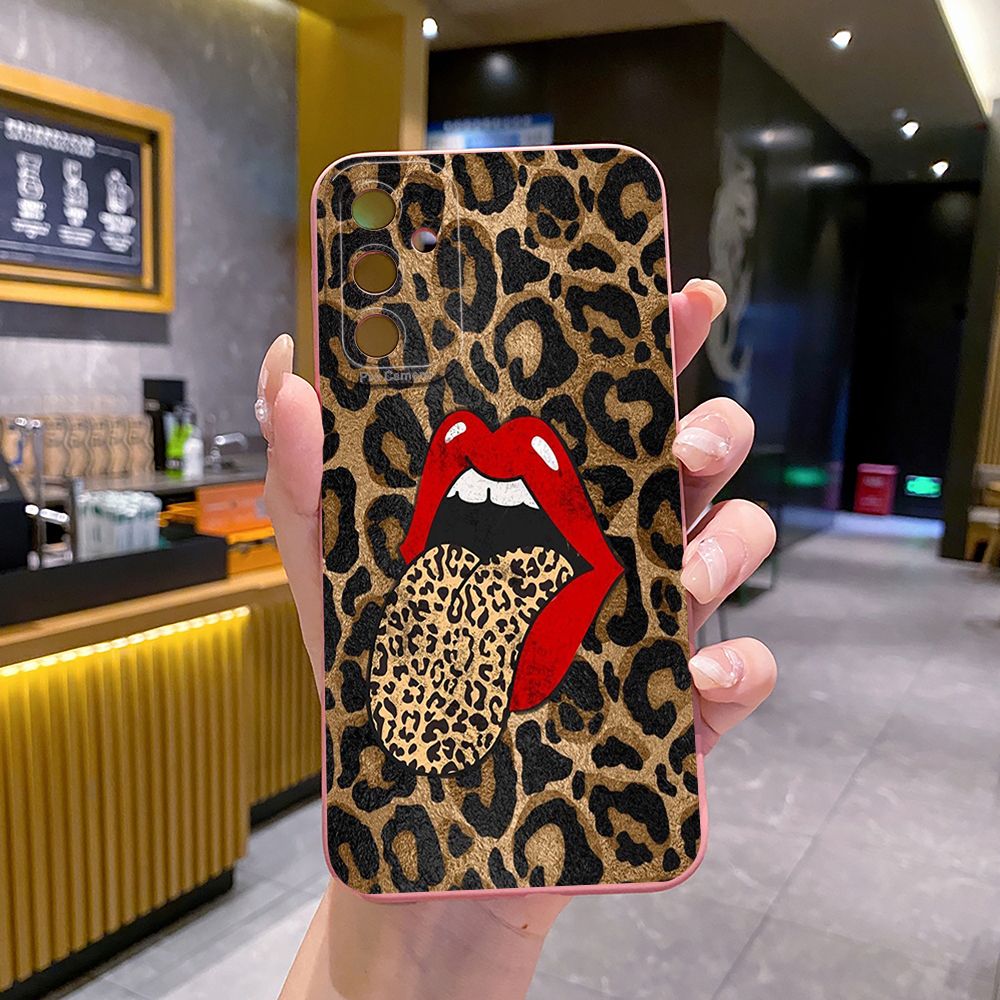 For Samsung Galaxy A16 A06 A15 A05 A25 A35 A55 A14 A24 A34 A54 A33 A53 A73 A32 A52S A72 Leopard Lip Cherry Full Protective Case Anti Drop Cover