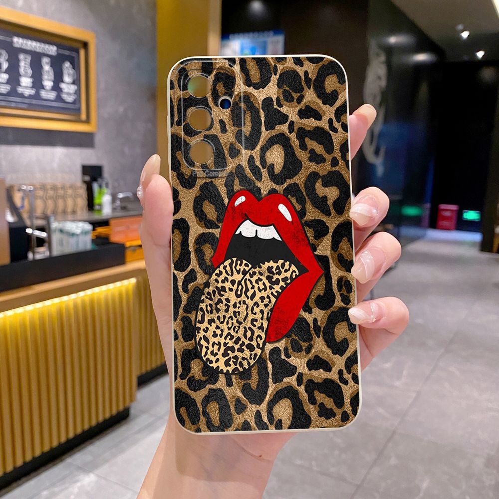 For Samsung Galaxy A16 A06 A15 A05 A25 A35 A55 A14 A24 A34 A54 A33 A53 A73 A32 A52S A72 Leopard Lip Cherry Full Protective Case Anti Drop Cover