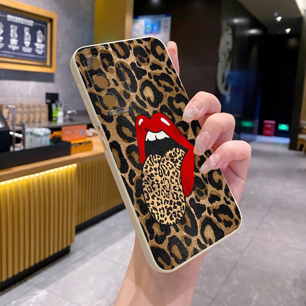 For Samsung Galaxy A16 A06 A15 A05 A25 A35 A55 A14 A24 A34 A54 A33 A53 A73 A32 A52S A72 Leopard Lip Cherry Full Protective Case Anti Drop Cover