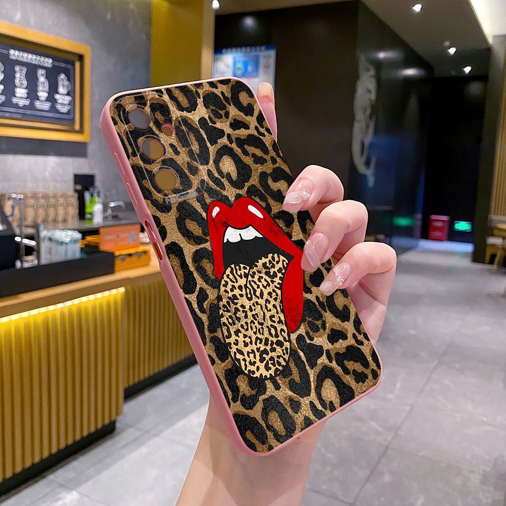 For Samsung Galaxy A16 A06 A15 A05 A25 A35 A55 A14 A24 A34 A54 A33 A53 A73 A32 A52S A72 Leopard Lip Cherry Full Protective Case Anti Drop Cover