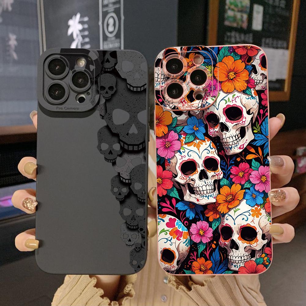 For iPhone 16 Pro Max 14 Plus 13 Pro Max 12 11 XR 8 7 SE 2022 XS Max Skull Flower Full Protective Case Anti Drop Cover