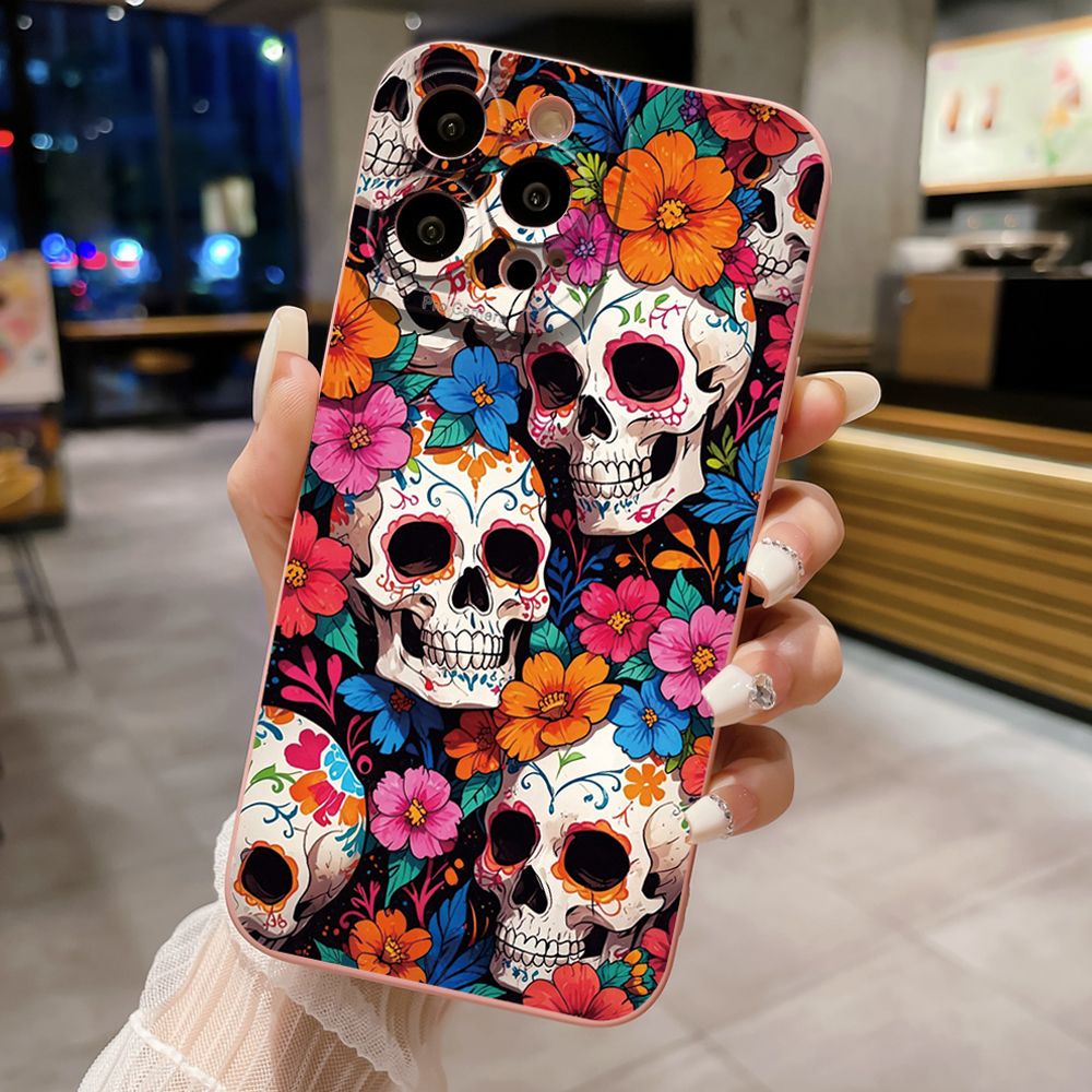 For iPhone 16 Pro Max 14 Plus 13 Pro Max 12 11 XR 8 7 SE 2022 XS Max Skull Flower Full Protective Case Anti Drop Cover