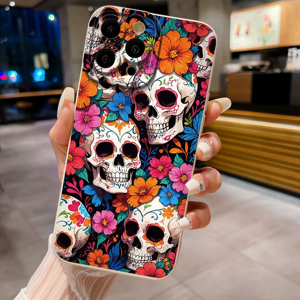 For iPhone 16 Pro Max 14 Plus 13 Pro Max 12 11 XR 8 7 SE 2022 XS Max Skull Flower Full Protective Case Anti Drop Cover