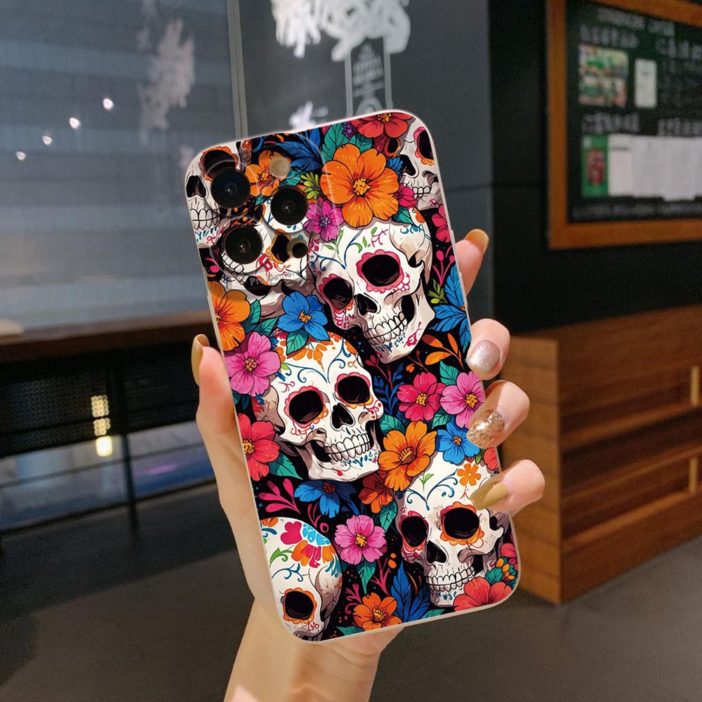 For iPhone 16 Pro Max 14 Plus 13 Pro Max 12 11 XR 8 7 SE 2022 XS Max Skull Flower Full Protective Case Anti Drop Cover