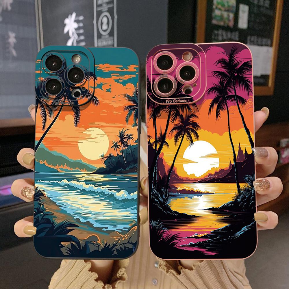 For iPhone 16 Pro Max 14 Plus 13 Pro Max 12 11 XR 8 7 SE 2022 XS Max Sunset Coconut Tree Full Protective Case Anti Drop Cover