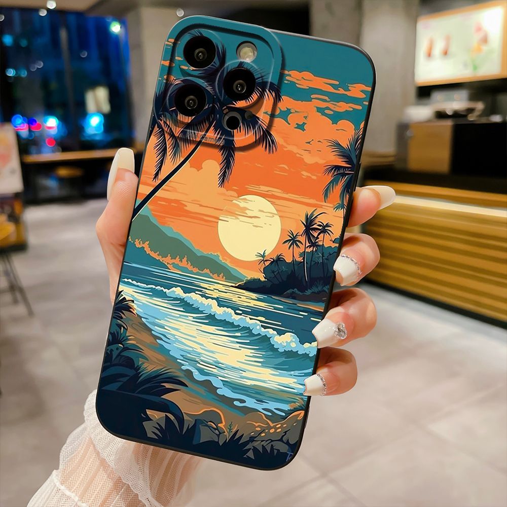 For iPhone 16 Pro Max 14 Plus 13 Pro Max 12 11 XR 8 7 SE 2022 XS Max Sunset Coconut Tree Full Protective Case Anti Drop Cover