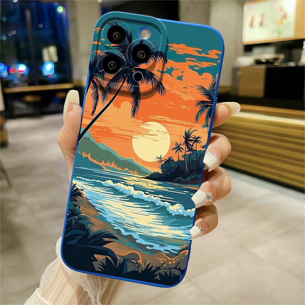 For iPhone 16 Pro Max 14 Plus 13 Pro Max 12 11 XR 8 7 SE 2022 XS Max Sunset Coconut Tree Full Protective Case Anti Drop Cover