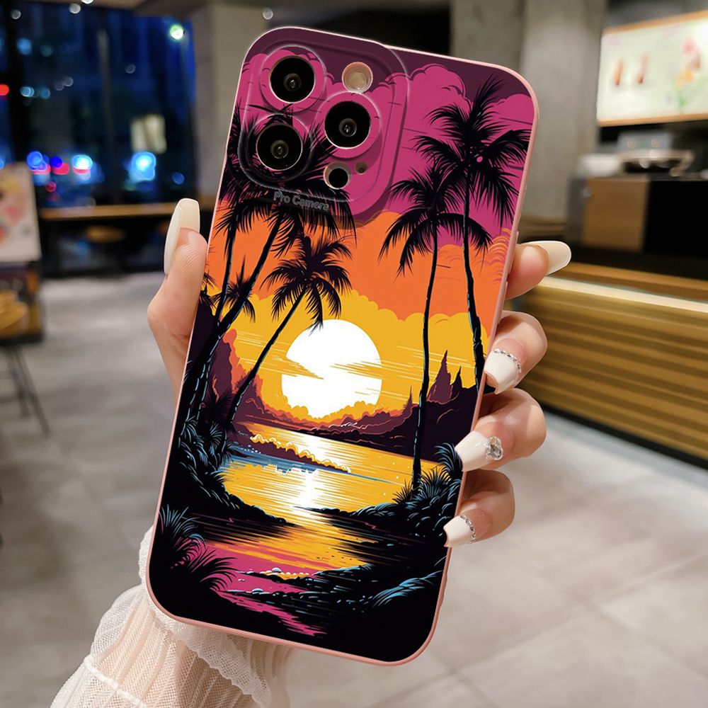 For iPhone 16 Pro Max 14 Plus 13 Pro Max 12 11 XR 8 7 SE 2022 XS Max Sunset Coconut Tree Full Protective Case Anti Drop Cover