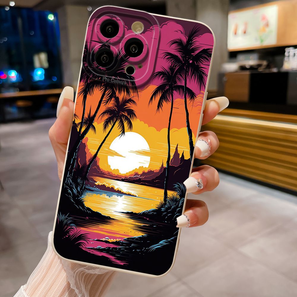 For iPhone 16 Pro Max 14 Plus 13 Pro Max 12 11 XR 8 7 SE 2022 XS Max Sunset Coconut Tree Full Protective Case Anti Drop Cover