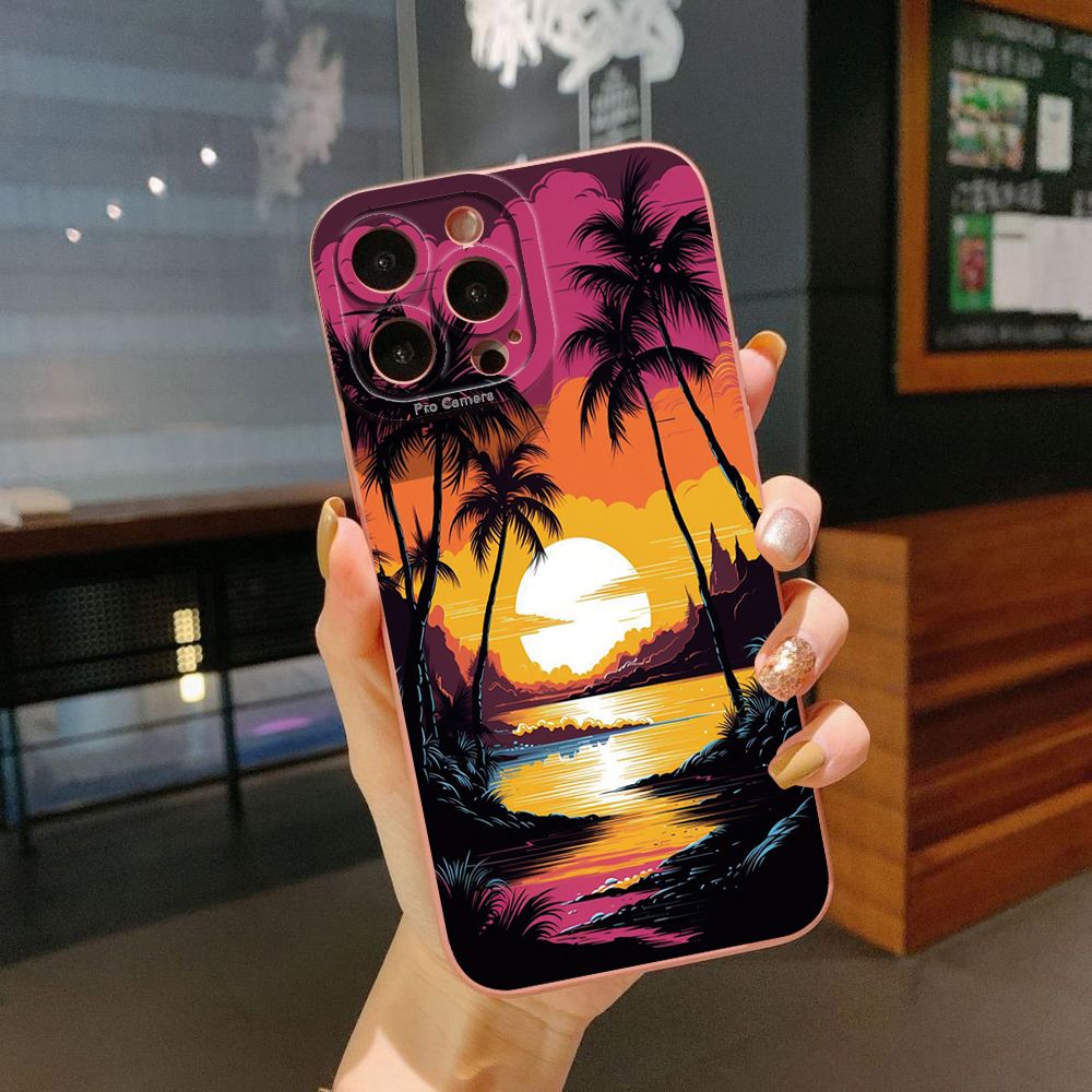 For iPhone 16 Pro Max 14 Plus 13 Pro Max 12 11 XR 8 7 SE 2022 XS Max Sunset Coconut Tree Full Protective Case Anti Drop Cover