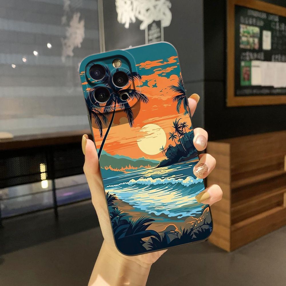 For iPhone 16 Pro Max 14 Plus 13 Pro Max 12 11 XR 8 7 SE 2022 XS Max Sunset Coconut Tree Full Protective Case Anti Drop Cover