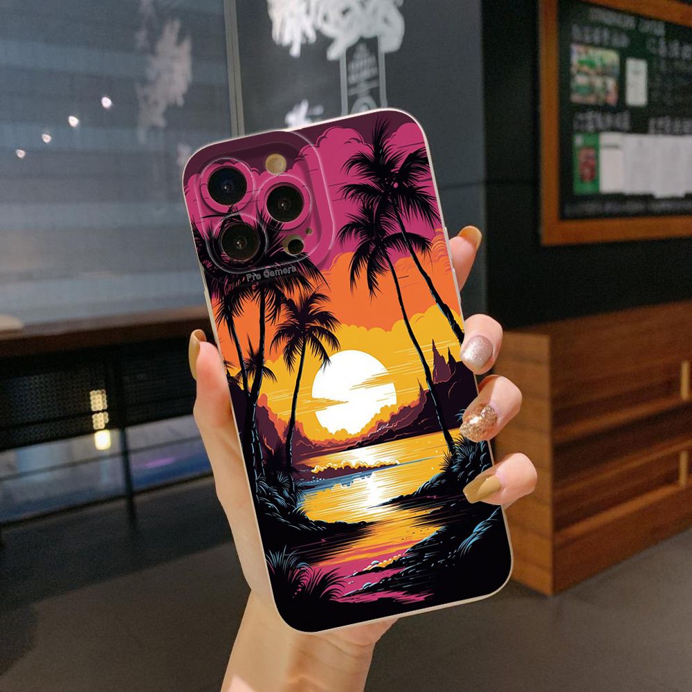 For iPhone 16 Pro Max 14 Plus 13 Pro Max 12 11 XR 8 7 SE 2022 XS Max Sunset Coconut Tree Full Protective Case Anti Drop Cover
