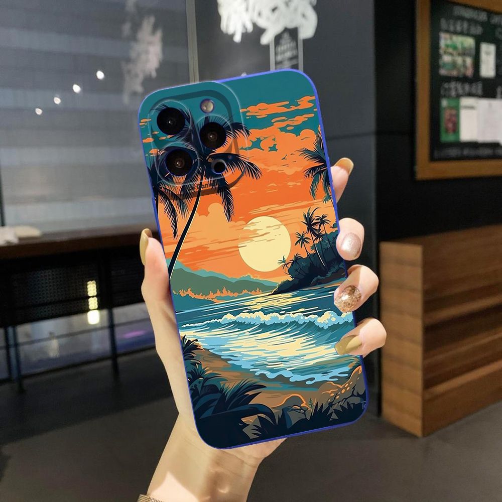 For iPhone 16 Pro Max 14 Plus 13 Pro Max 12 11 XR 8 7 SE 2022 XS Max Sunset Coconut Tree Full Protective Case Anti Drop Cover