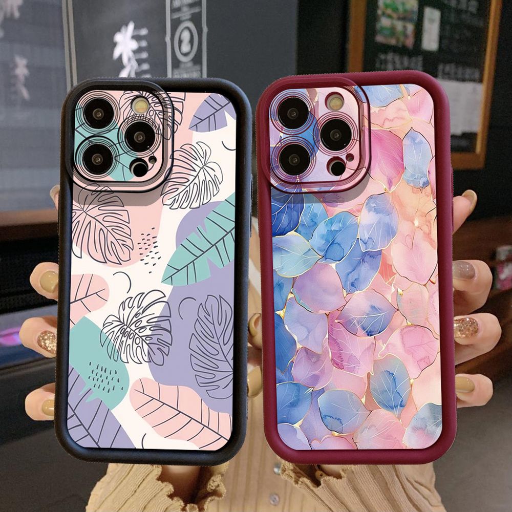 for iPhone 15 Pro Max 14 Plus 13 12 11 XR 8 7 SE 2022 XS Luxury Leaves Full Protective Phone Case Anti Drop Cover