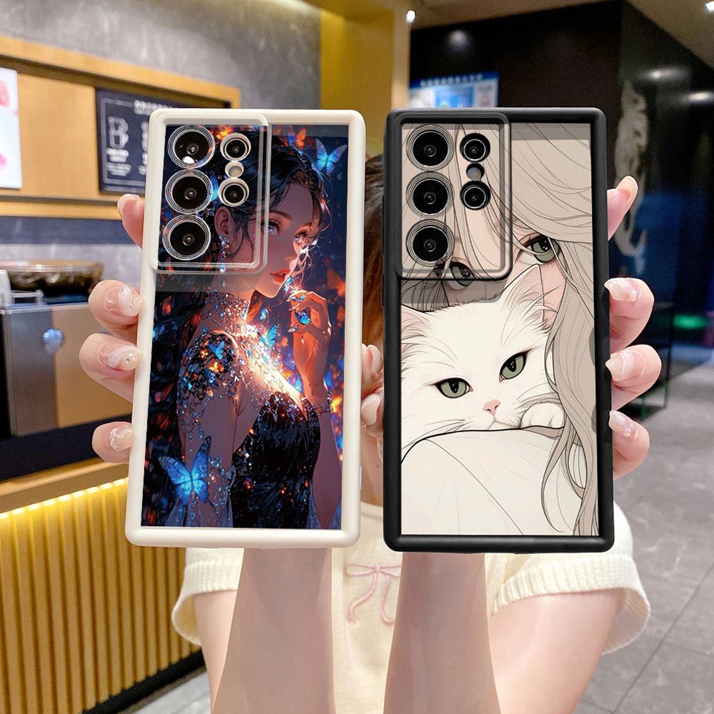 for Samsung Galaxy S24 S23 Ultra S22 Plus S21 FE S20 Butterfly Girl Cat Full Protective Phone Case Anti Drop Cover