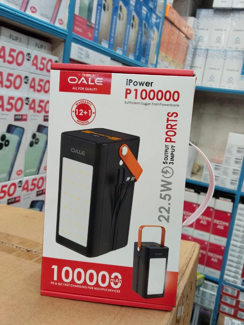 OALE P100000,100000Mah powerbank,22.5W,5 output port ,3 input ports ,portable handle design  and a flashlight