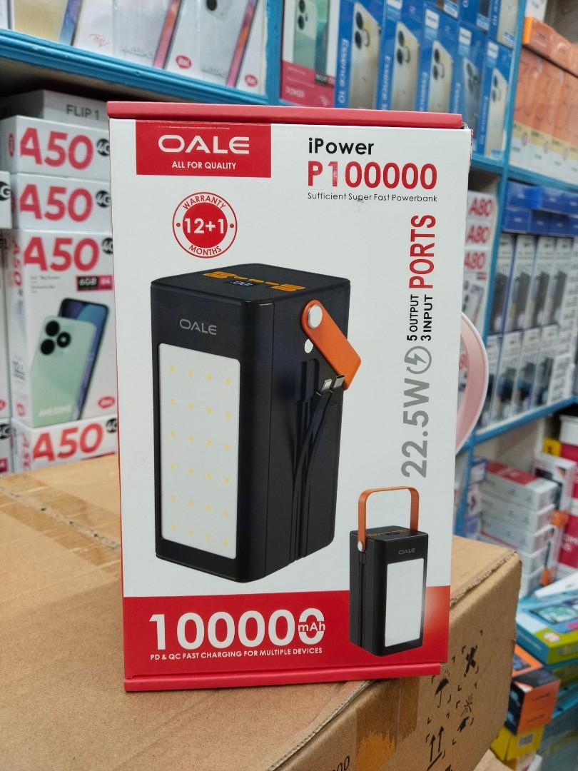 OALE P100000,100000Mah powerbank,22.5W,5 output port ,3 input ports ,portable handle design  and a flashlight