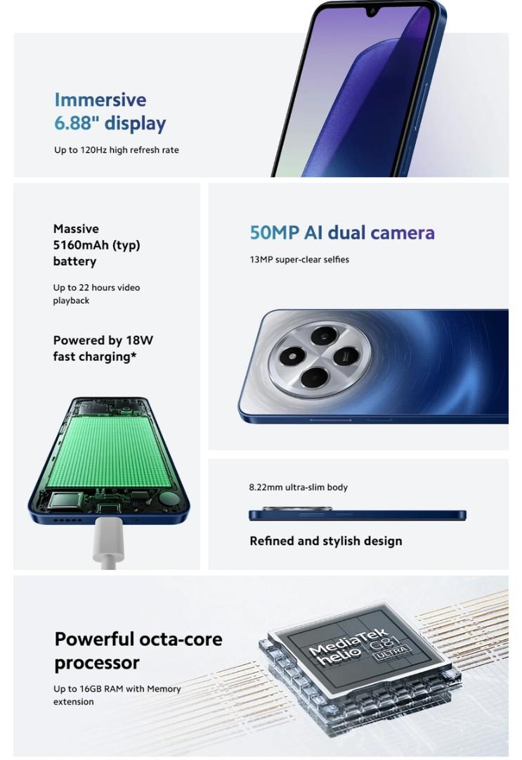 redmi 14c 8gb ram upto 16gb virtual ram storage of 256gb rom android 14 mediatek Helio G81ultra 50mp rear camera 6.88" display  5160mah with an 18W fast charge , side fingerprint sensor support 4G