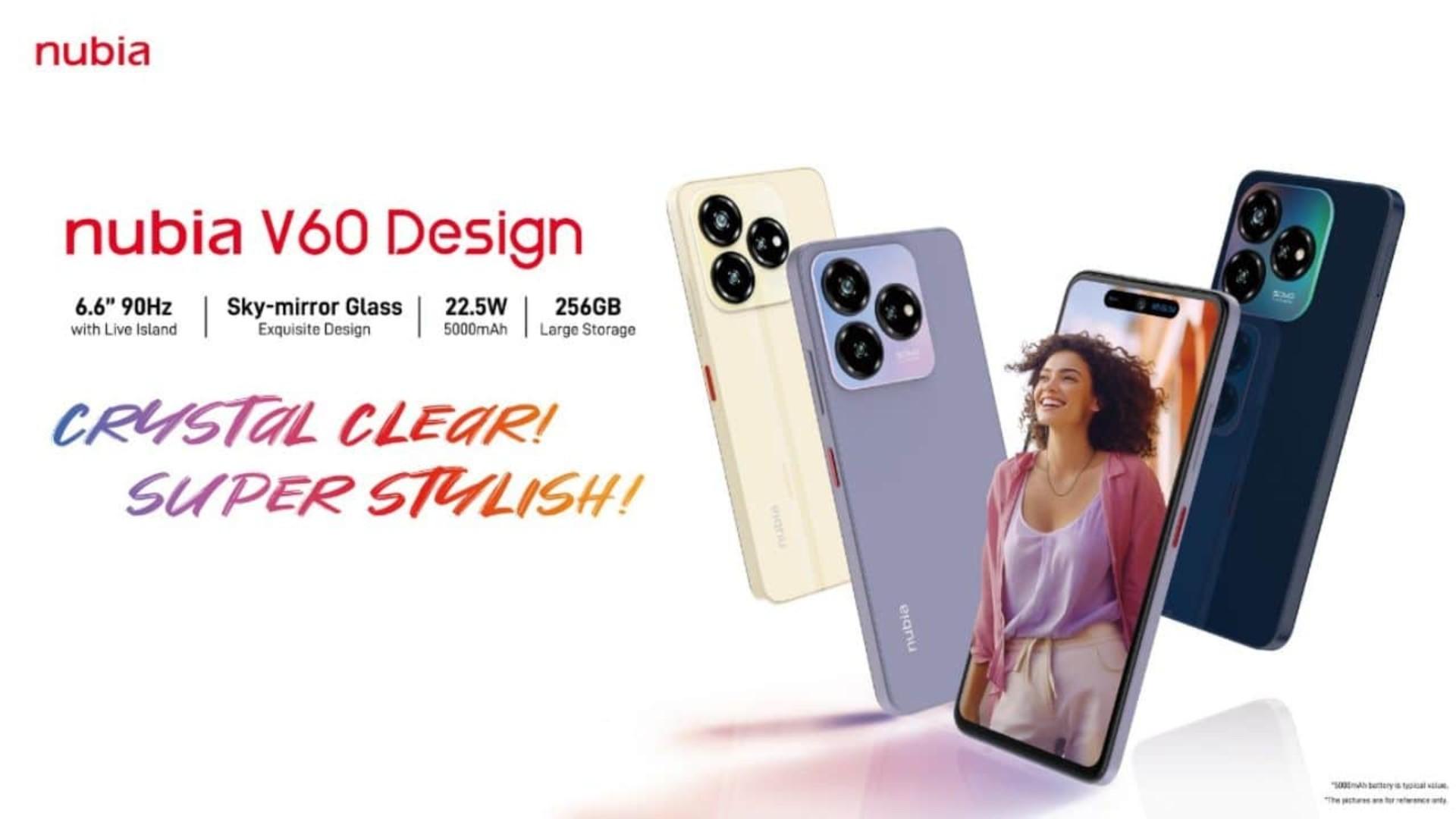 v60 8gb ram upto 20gb virtual Ram 256gb rom ,5000mah battery 22.5W fast charging 6.72" dot in display with a fast side fingerprint sensor ,50mp triple rear camera and a 32mp selfie camera  Nubia