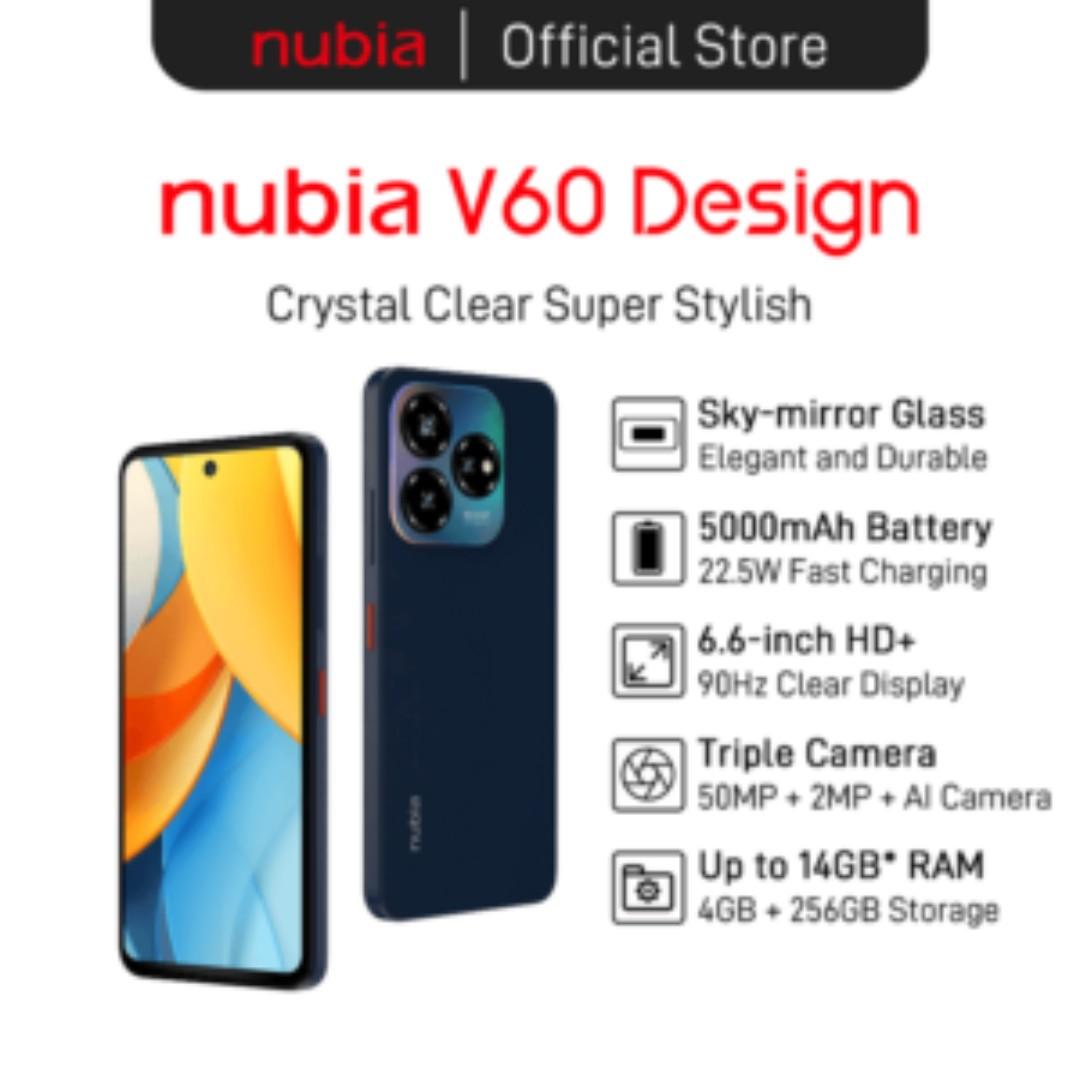 v60 8gb ram upto 20gb virtual Ram 256gb rom ,5000mah battery 22.5W fast charging 6.72" dot in display with a fast side fingerprint sensor ,50mp triple rear camera and a 32mp selfie camera  Nubia