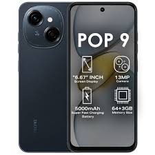 TECNO POP 9  6.6″ 90Hz display 5000 mAh 10W charger 128 GB storage, 3 GB RAm Operating System: Android 14 Go  Processor: UNISOC T615  Network: 4.5G (LTE Advanced); Dual Sim