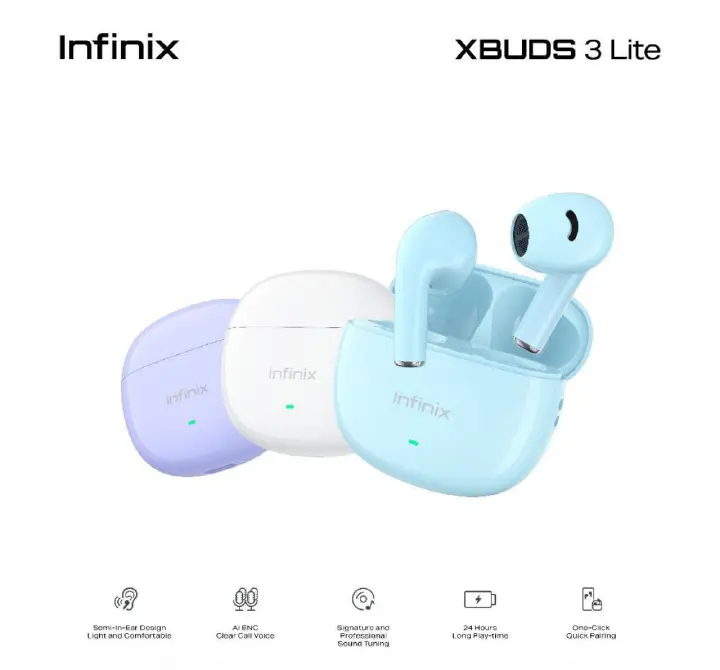 INFINIX XBUDS 3LITE,Semi-in-ear design, AI ENC clear voice call, signature and professional sound tuning,24hrs long play time one click quick pairing Bluetooth version 5.2