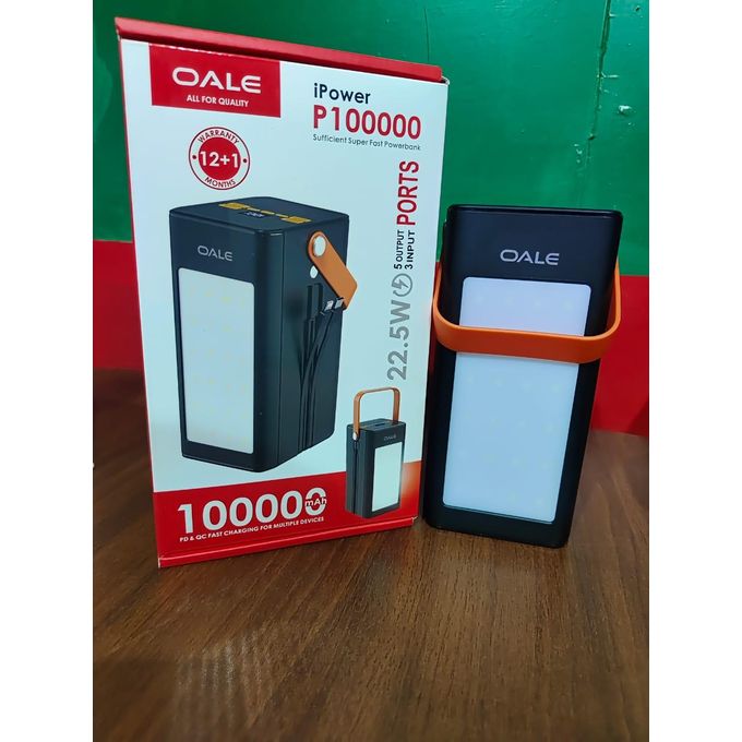 OALE P100000,100000Mah powerbank,22.5W,5 output port ,3 input ports ,portable handle design  and a flashlight
