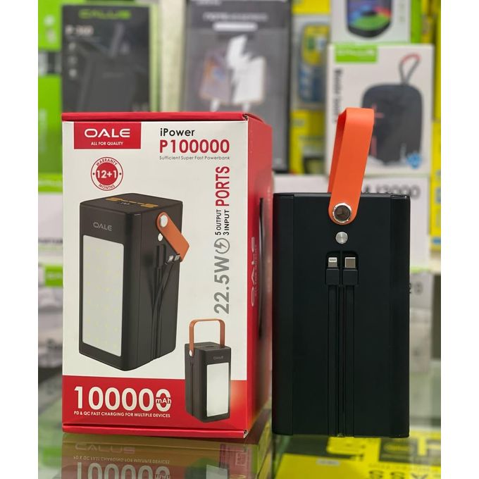 OALE P100000,100000Mah powerbank,22.5W,5 output port ,3 input ports ,portable handle design  and a flashlight