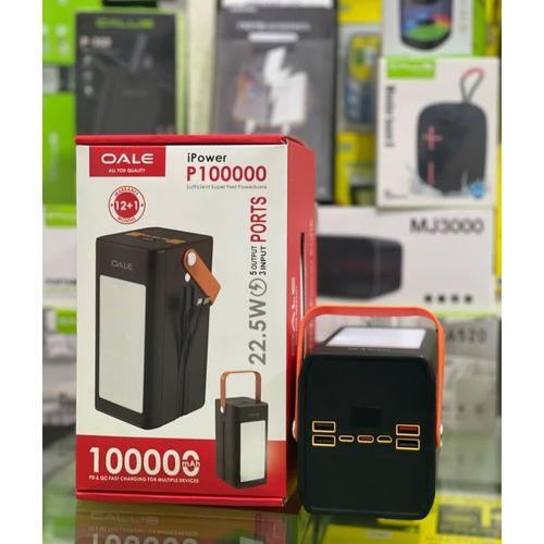 OALE P100000,100000Mah powerbank,22.5W,5 output port ,3 input ports ,portable handle design  and a flashlight