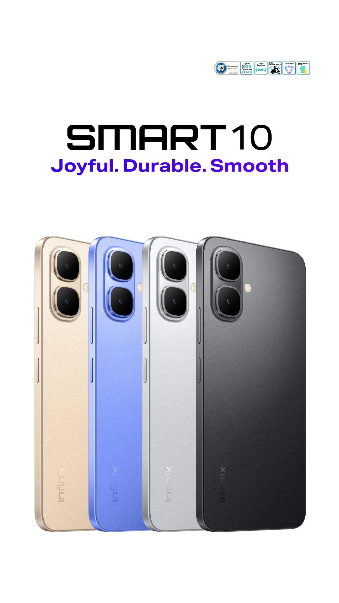 INFINIX SMART 10, 128GB ROM 8GB (4+4GB RAM),120HZ 6.67" LCD DISPLAY IP64 dust and splash proof,5000mah 15w charger dual speaker upto 300% ultra volume, ONE-TAP INFINIX AI  android 15 4.5G network