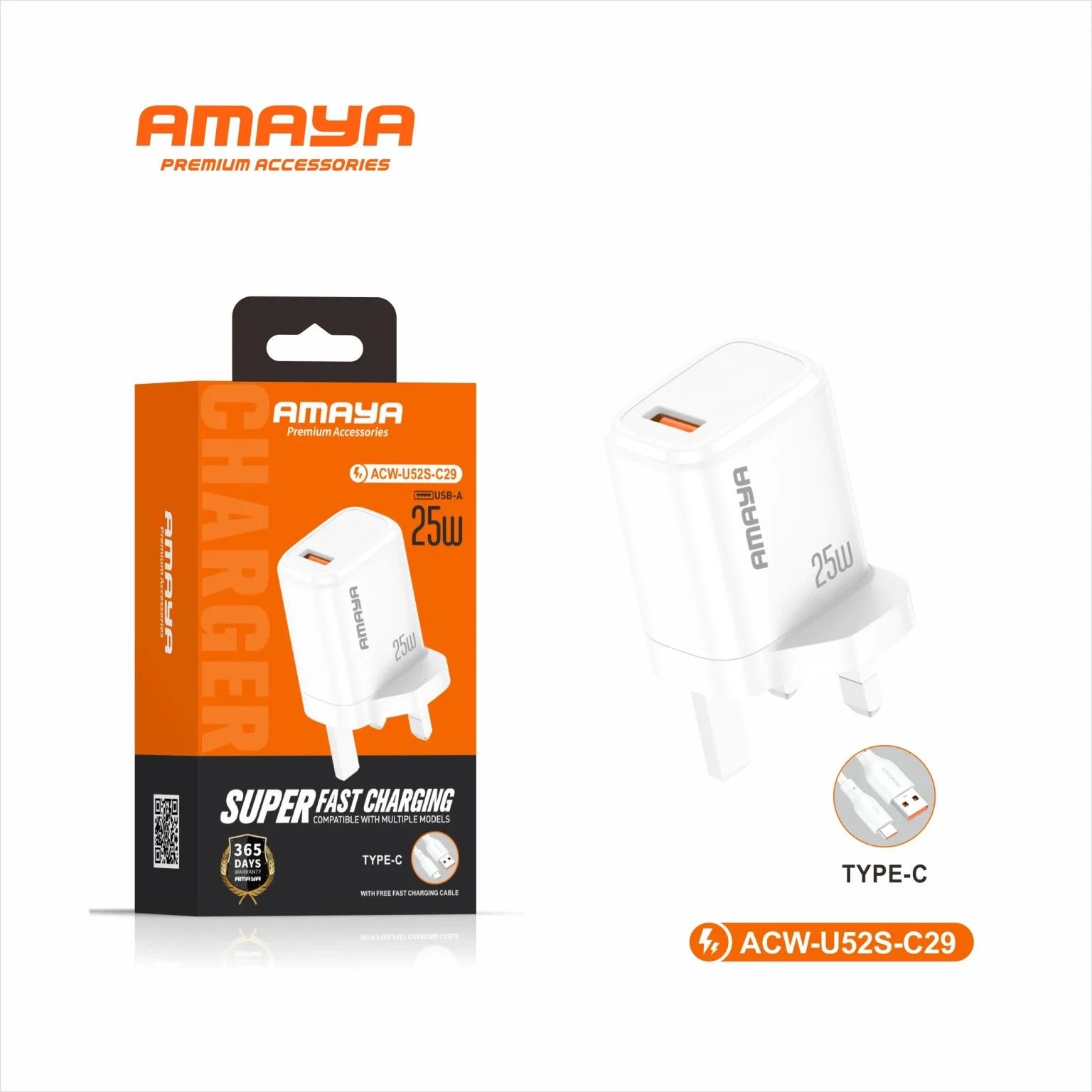 Amaya ACW W52S-L29 fast charging compatible with multiple  models, comes with a fast charging lighting cable