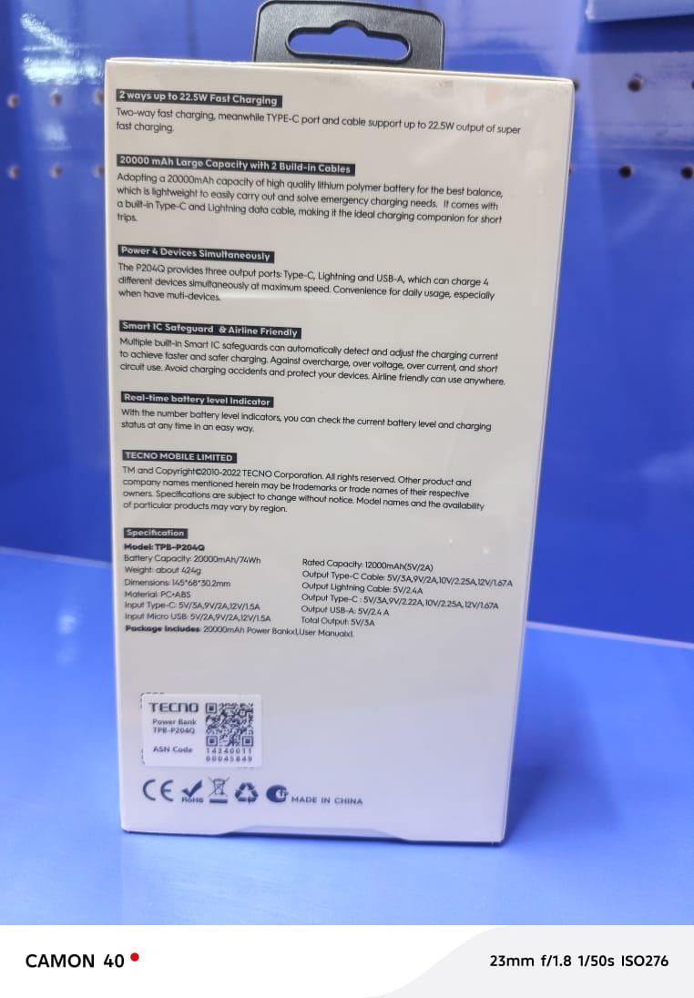 TECNO TPB-P204Q 20000mAh 22.5W OMNI-TANK POWER BANK WITH LED DISPLAY WITH TYPE C, LIGHTNING AND USB OUTPUT PORTS