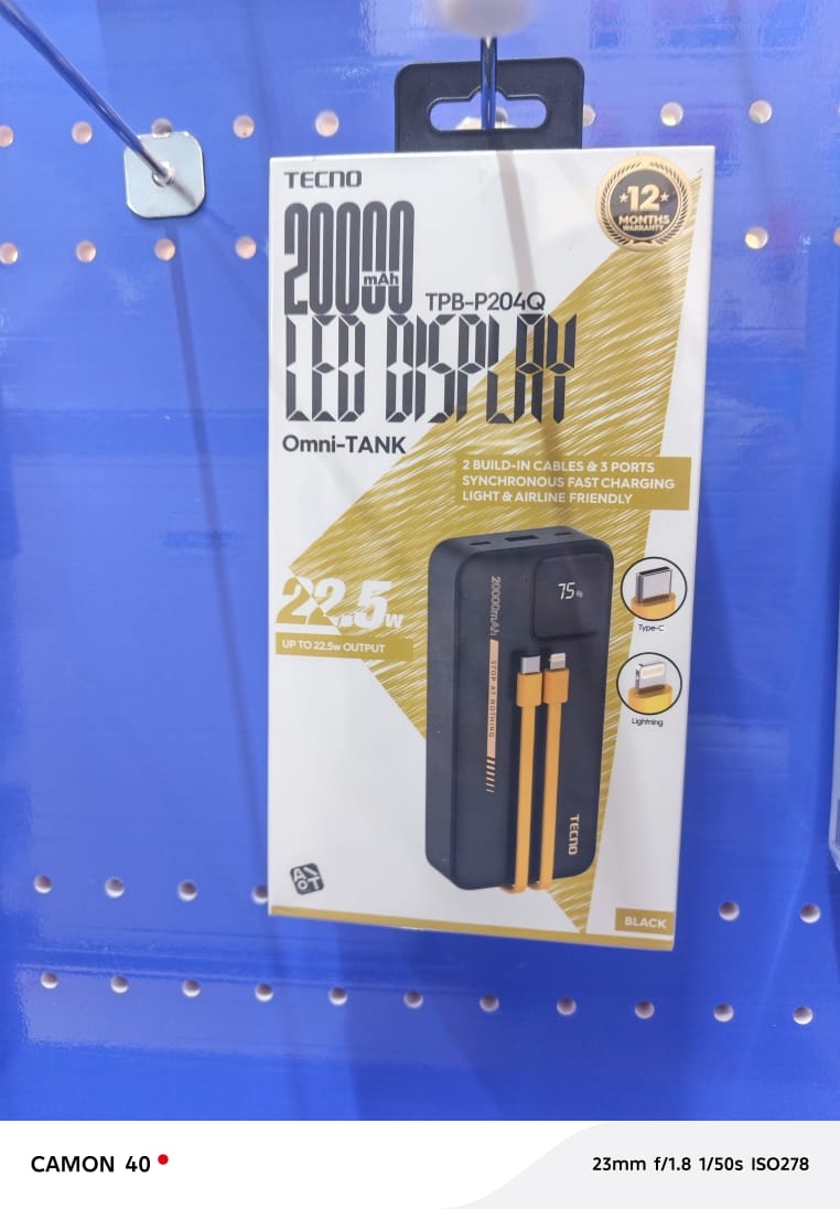 TECNO TPB-P204Q 20000mAh 22.5W OMNI-TANK POWER BANK WITH LED DISPLAY WITH TYPE C, LIGHTNING AND USB OUTPUT PORTS