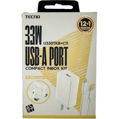 ORIGINAL TECNO CHARGER  33W (U330TKB+C11) 50% SPEED-UP  USB-A PORT COMPACT INBOX KIT 100V -240V WITH WIDE RANGE OF VOLTAGE  FUNCTIONS ,  BUILT-IN  SHORT CIRCUIT /OVERVOLTAGE/OVER HEAT PROTECTION