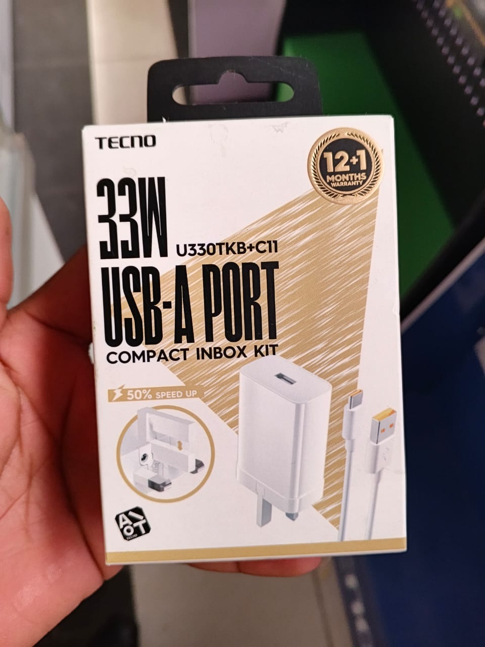 ORIGINAL TECNO CHARGER  33W (U330TKB+C11) 50% SPEED-UP  USB-A PORT COMPACT INBOX KIT 100V -240V WITH WIDE RANGE OF VOLTAGE  FUNCTIONS ,  BUILT-IN  SHORT CIRCUIT /OVERVOLTAGE/OVER HEAT PROTECTION