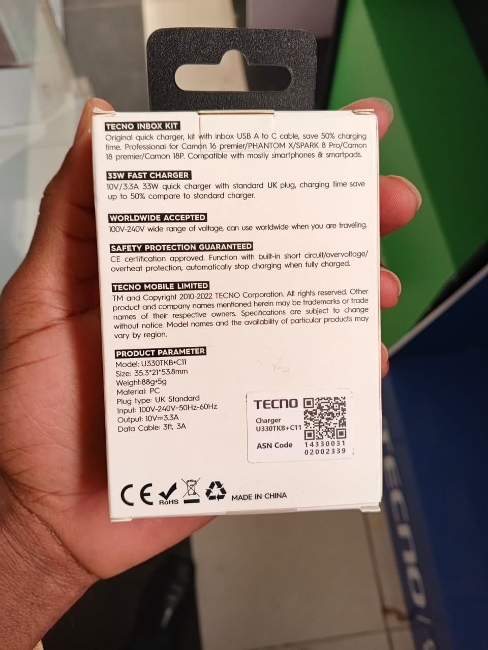 ORIGINAL TECNO CHARGER  33W (U330TKB+C11) 50% SPEED-UP  USB-A PORT COMPACT INBOX KIT 100V -240V WITH WIDE RANGE OF VOLTAGE  FUNCTIONS ,  BUILT-IN  SHORT CIRCUIT /OVERVOLTAGE/OVER HEAT PROTECTION