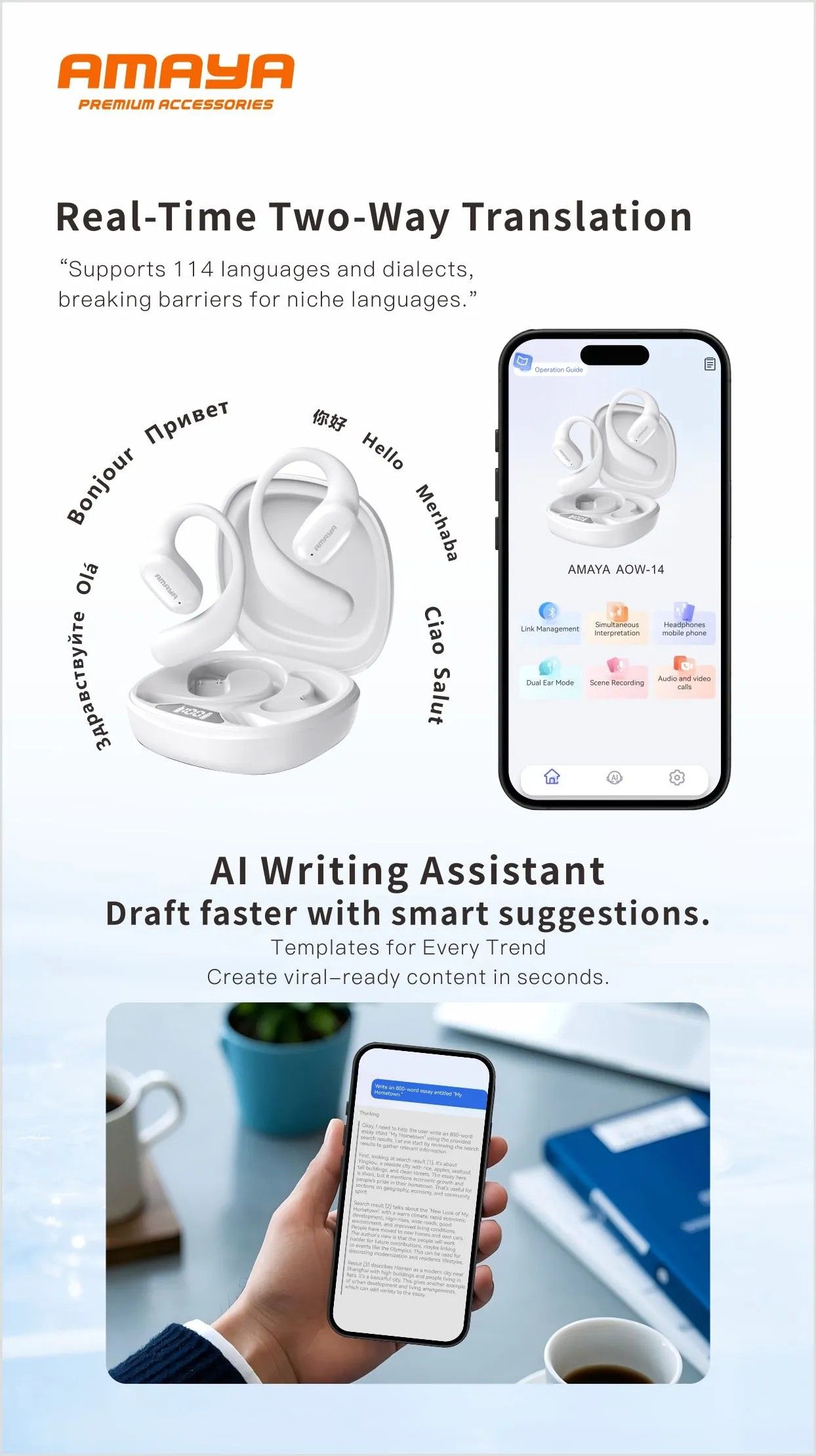 AMAYA AOW-14 wireless sports earphones has Active noise cancellation on calls and Environmental Noise cancellation Bluetooth version 5.0 and above connection distance of up to 10m