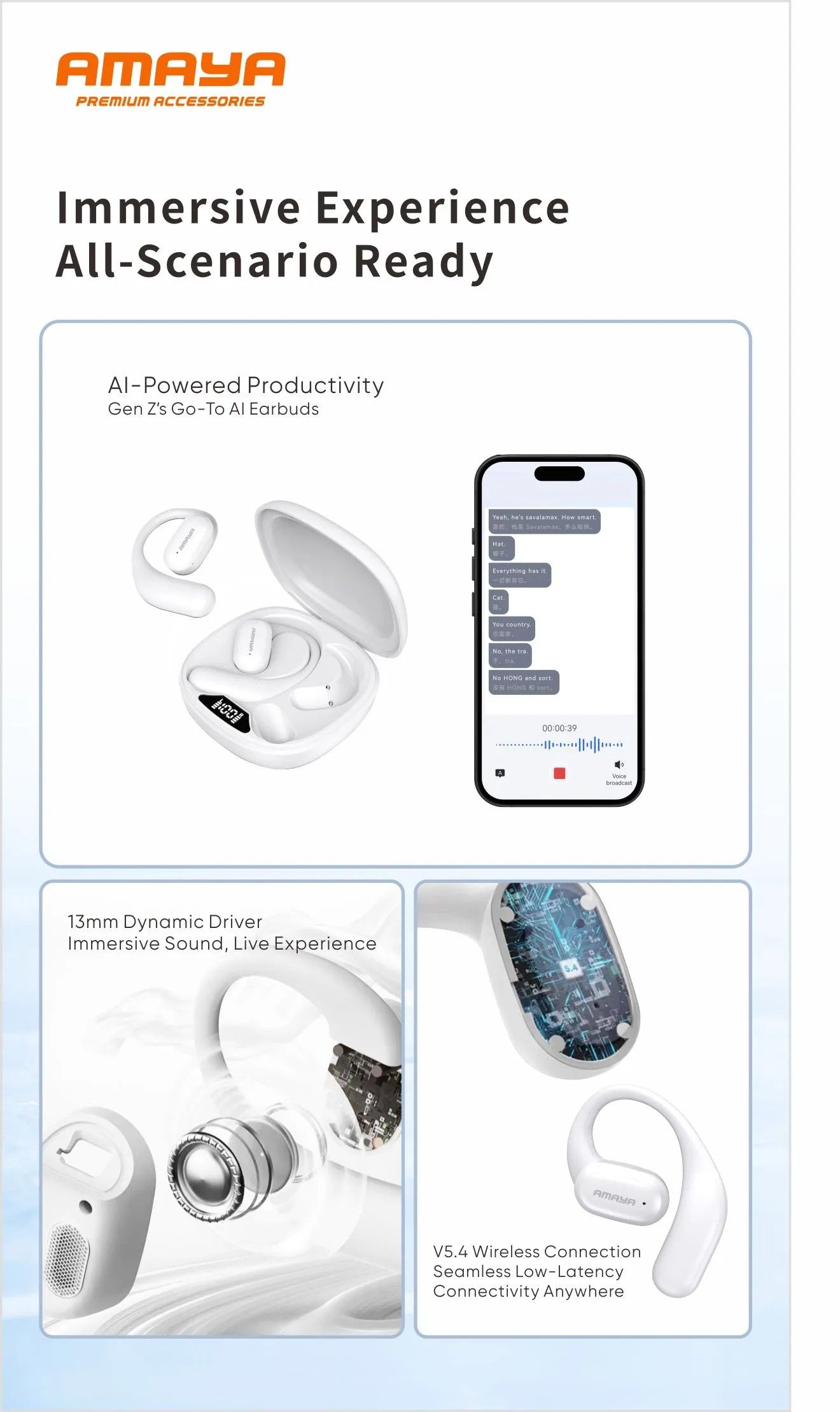 AMAYA AOW-14 wireless sports earphones has Active noise cancellation on calls and Environmental Noise cancellation Bluetooth version 5.0 and above connection distance of up to 10m