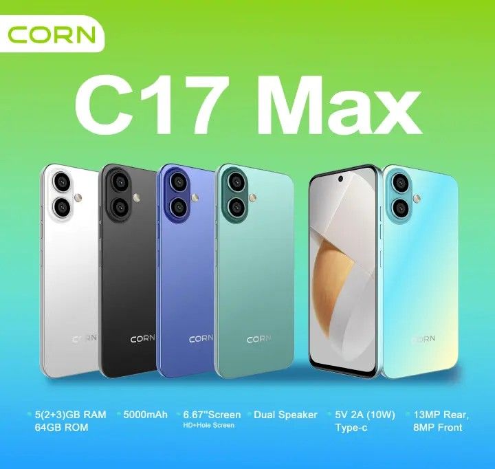[ NEW ARRIVAL ] CORN C17 MAX 6.67'' HD * HOLE SCREEN 64GB + 5GB (3+2) 5000mAh BATTERY 3G NETWORK 13MP ULTRA CAMERA 8MP AL CAMERA OCTA-CORE ANDROID DUAL SPEAKER SIDE-FINGERPRINT SMARTPHONE