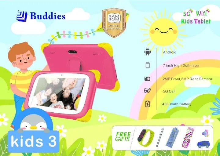 BUDDIES KIDS 3 STUDY 5G , WIFI,  256GB STORAGE,  7" HIGH DEFINITION TABLETS RAM 8GB,ROM 256GB , 4000mAh BATTERY, WITH BOTH SIM CARD SLOT AND MEMORY CARD SLOT WITH KIDS TOYS IN PACKAGE.