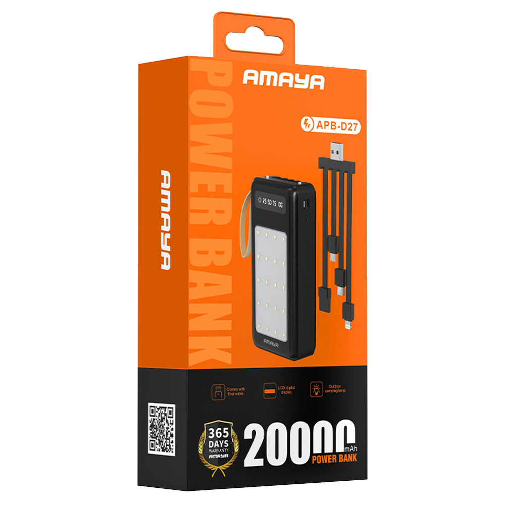 AMAYA APB-D27 20000mAh POWER BANK – LED LIGHT, DIGITAL DISPLAY, FAST CHARGING,WITH DETACHABLE 4-in-1 CABLE
