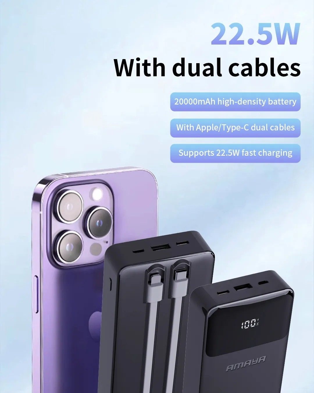 AMAYA  APW-13 22.5W 20,000mAh 22.5W PD FAST CHARGING POWER BANK WITH BUILT-IN TYPE C AND LIGHTNING CABLES