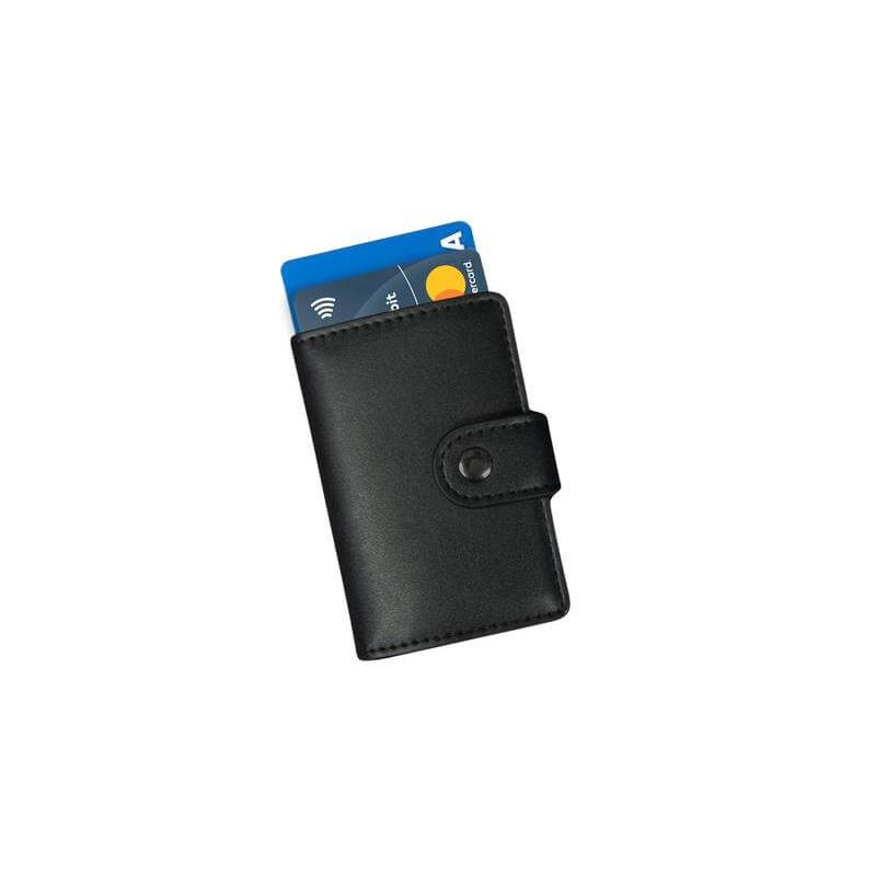 Elegant gift set of RFID-safe slim cardholder wallet , multi-utility 4-in-1 keychain and metal ballpoint pen in a gift box.