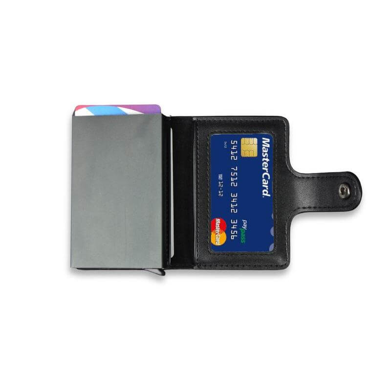 Elegant gift set of RFID-safe slim cardholder wallet , multi-utility 4-in-1 keychain and metal ballpoint pen in a gift box.