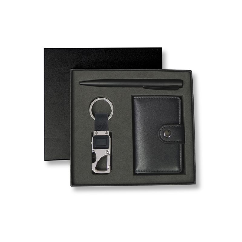 Elegant gift set of RFID-safe slim cardholder wallet , multi-utility 4-in-1 keychain and metal ballpoint pen in a gift box.