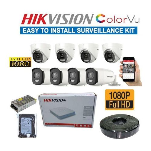 Hikvision 8 Full HD 1080P 2MP 24/7 Full Time Colored Imaging CCTV Cameras Complete System Kit- 1TB HDD+100M Cable+8 Channel DVR