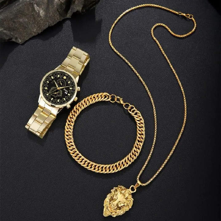 3Pcs/set Watch Bracelet Necklace Set Fashionable Trendy Business Men's Versatile Steel Strap Quartz Watches Bracelet Lion Necklace Male Wrist Watch