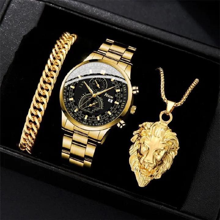 3Pcs/set Watch Bracelet Necklace Set Fashionable Trendy Business Men's Versatile Steel Strap Quartz Watches Bracelet Lion Necklace Male Wrist Watch
